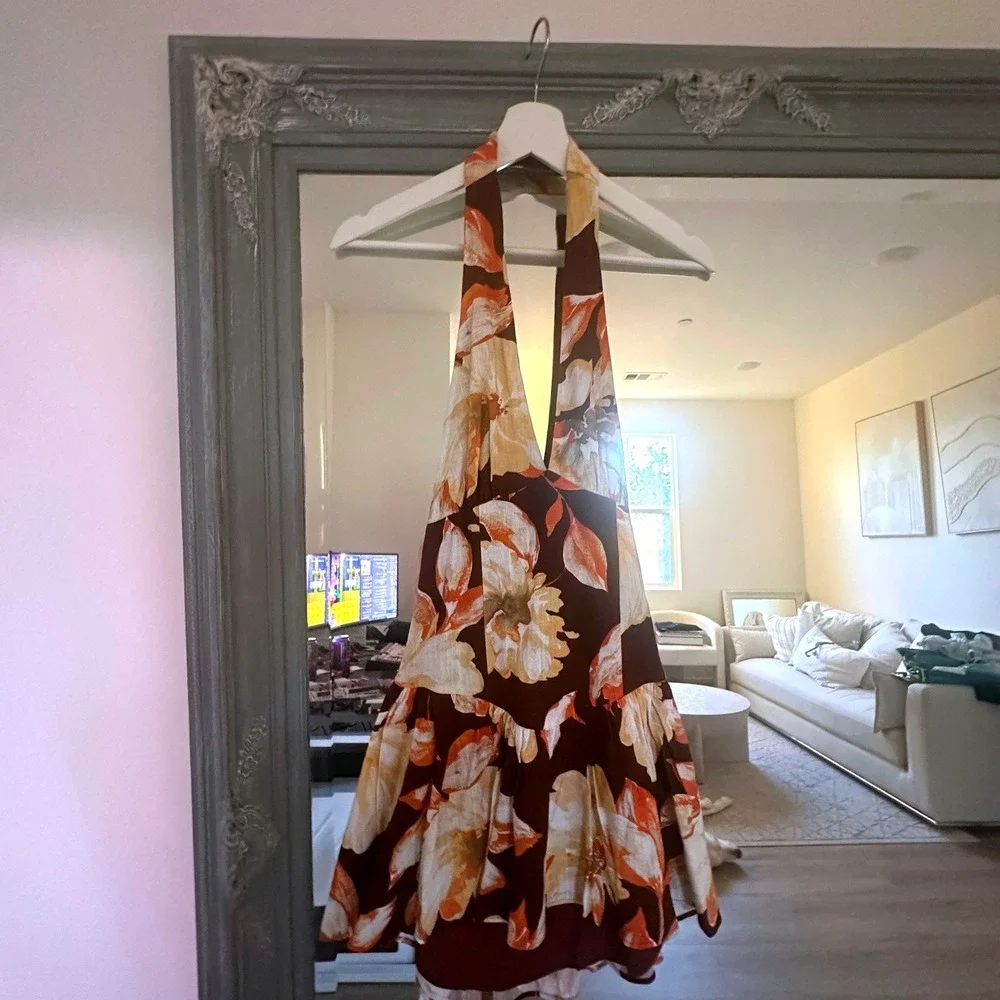 Peppermayo Brown Floral Linen Halter Neck Sunset Ballad Mini Dress Resortwear  S